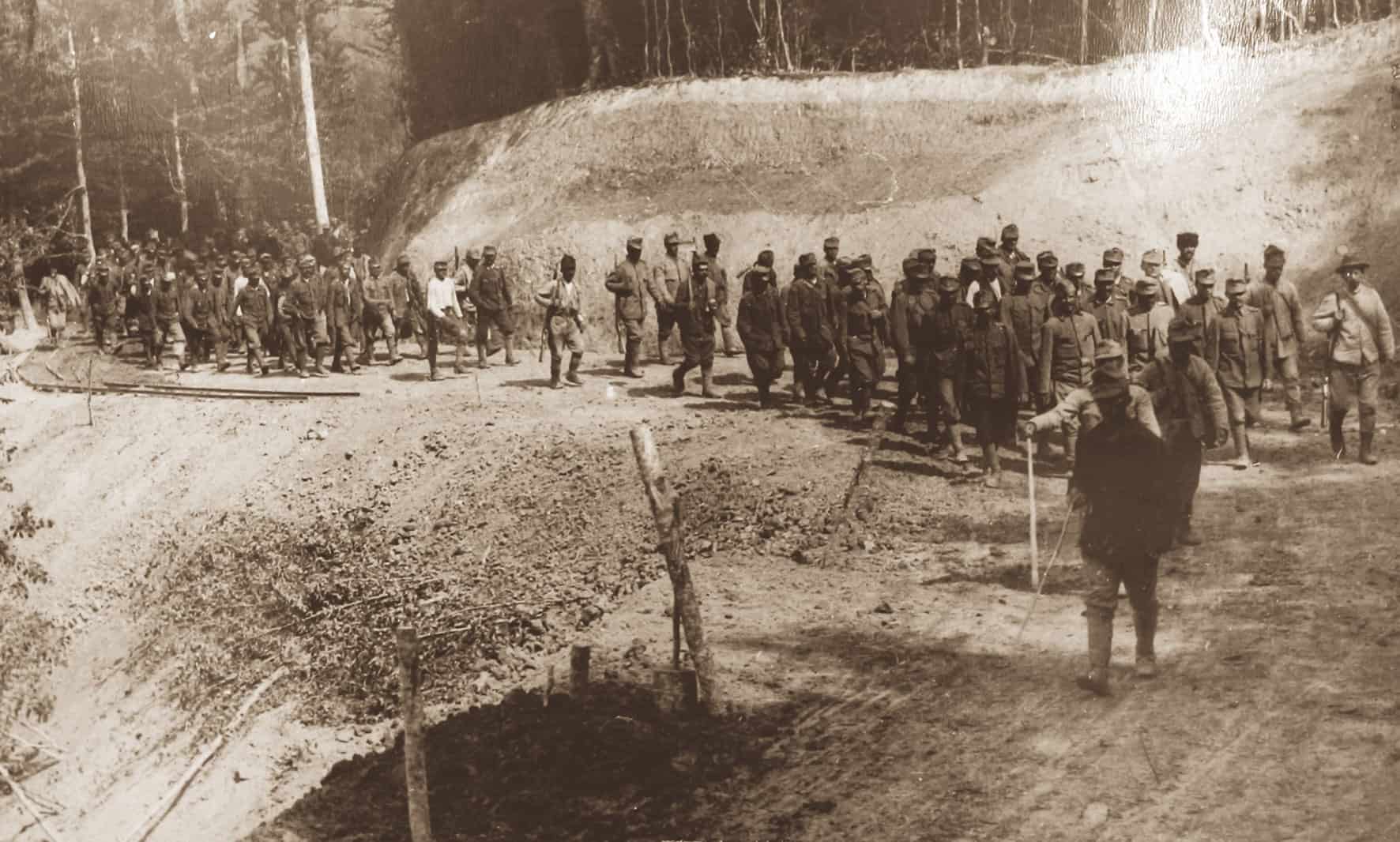 Jandarmi escortând prizonieri austro-ungari capturați în bătălia de la Oituz, septembrie 1917